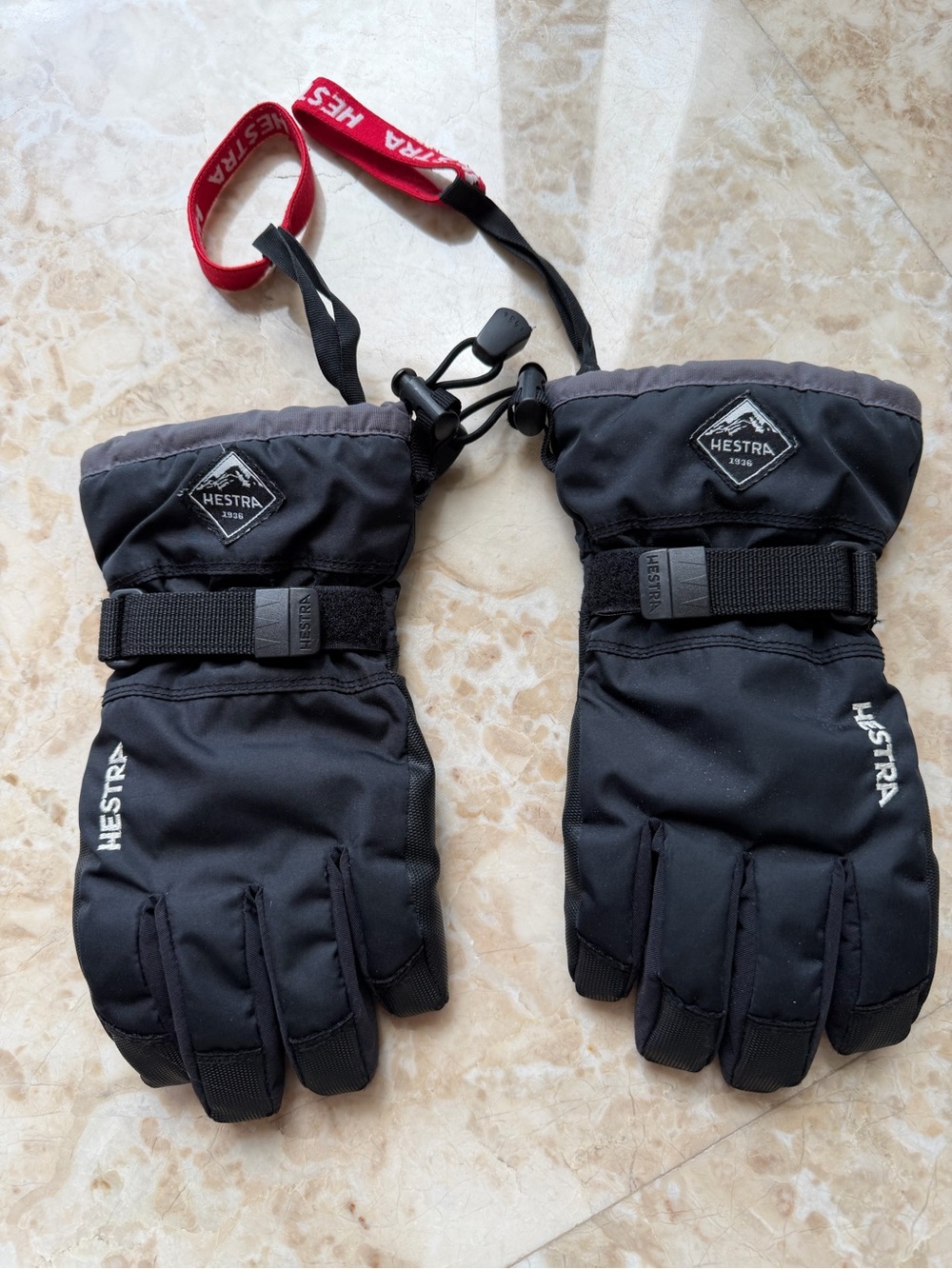 Hestra Gray Ski Glove with Red Wrist Tag